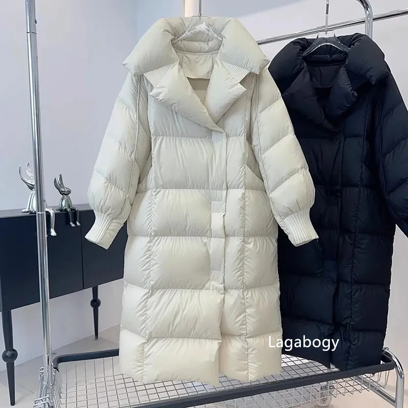 Lagabogy 2025 New Winter Women 90% White Duck Down Long Jackets Thicken Puffer Coat Female Loose Single Breasted Warm Parkas