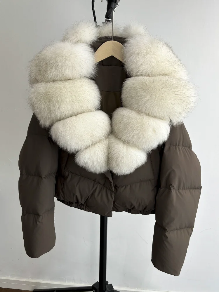 Lagabogy 2025 Big Real Fox Fur Collar New Winter Women Puffer Jacket 90% White Duck Down Coat Female Single Breasted Warm Parkas