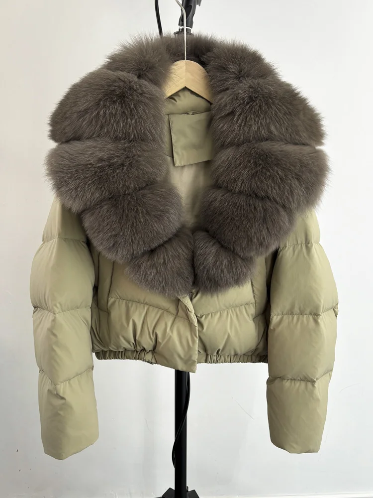 Lagabogy 2025 Big Real Fox Fur Collar New Winter Women Puffer Jacket 90% White Duck Down Coat Female Single Breasted Warm Parkas