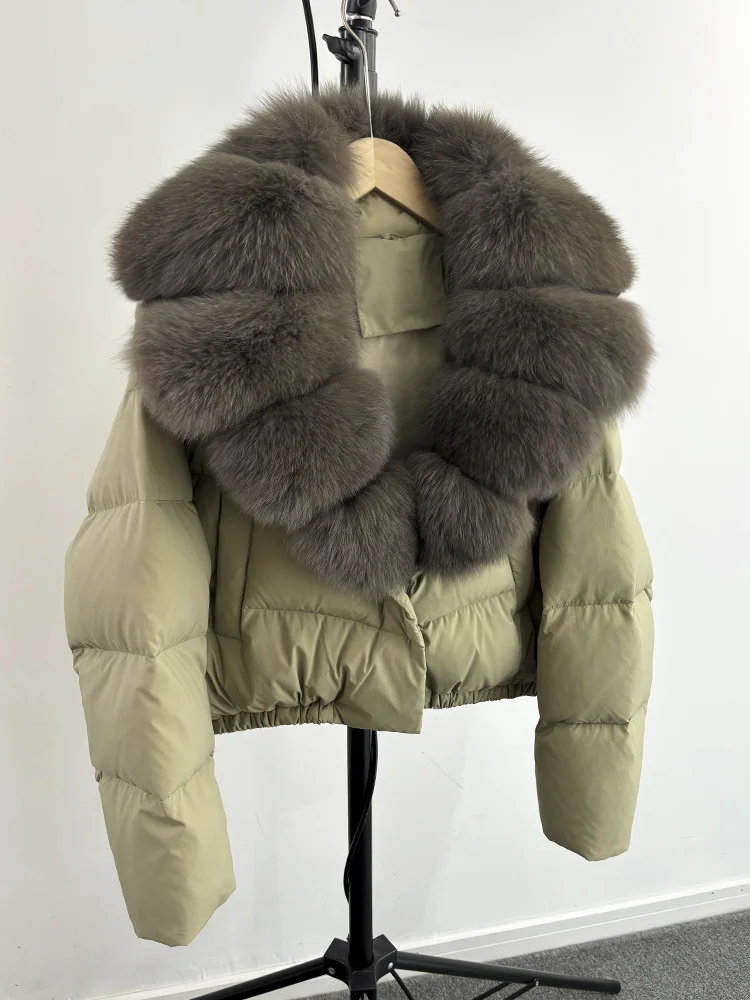 Lagabogy 2025 Big Real Fox Fur Collar New Winter Women Puffer Jacket 90% White Duck Down Coat Female Single Breasted Warm Parkas