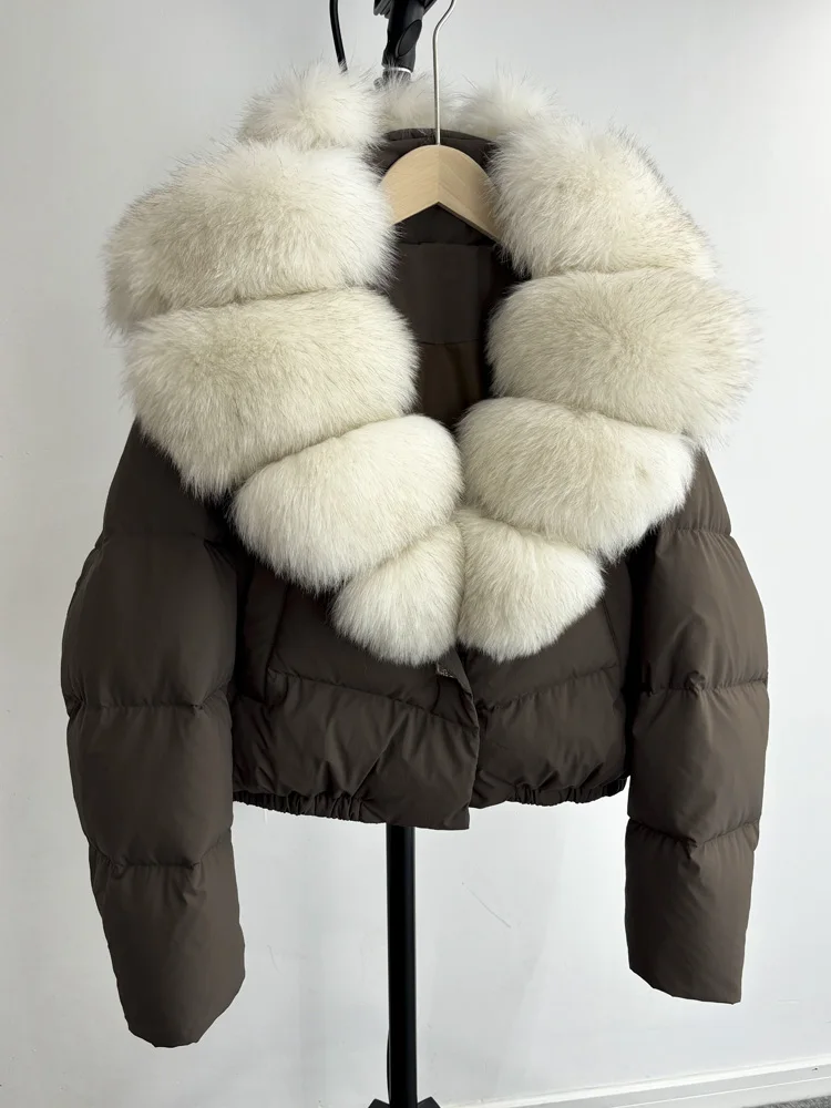 Lagabogy 2025 Big Real Fox Fur Collar New Winter Women Puffer Jacket 90% White Duck Down Coat Female Single Breasted Warm Parkas