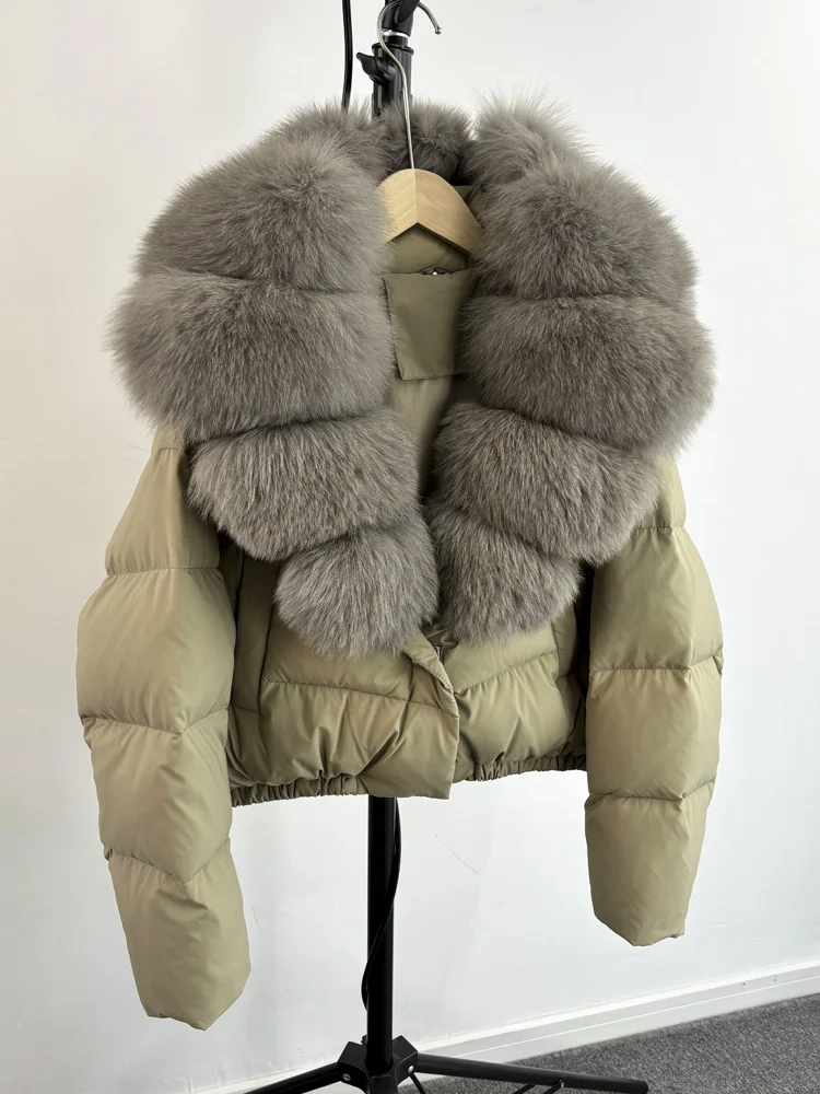 Lagabogy 2025 Big Real Fox Fur Collar New Winter Women Puffer Jacket 90% White Duck Down Coat Female Single Breasted Warm Parkas