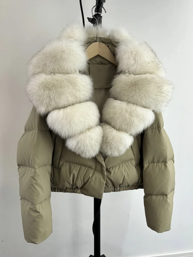 Lagabogy 2025 Big Real Fox Fur Collar New Winter Women Puffer Jacket 90% White Duck Down Coat Female Single Breasted Warm Parkas