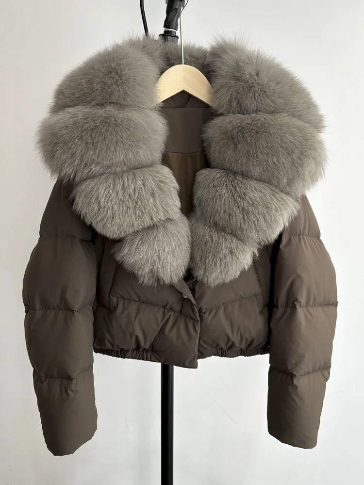 Lagabogy 2025 Big Real Fox Fur Collar New Winter Women Puffer Jacket 90% White Duck Down Coat Female Single Breasted Warm Parkas