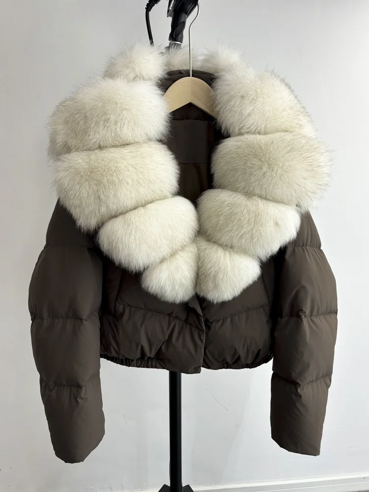 Lagabogy 2025 Big Real Fox Fur Collar New Winter Women Puffer Jacket 90% White Duck Down Coat Female Single Breasted Warm Parkas