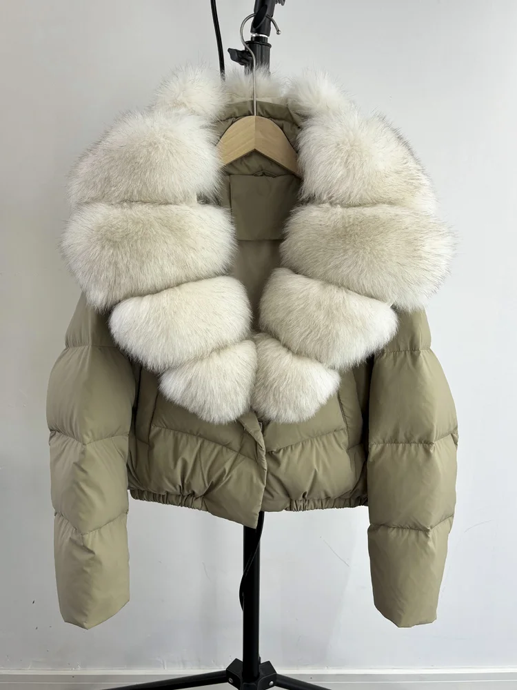 Lagabogy 2025 Big Real Fox Fur Collar New Winter Women Puffer Jacket 90% White Duck Down Coat Female Single Breasted Warm Parkas