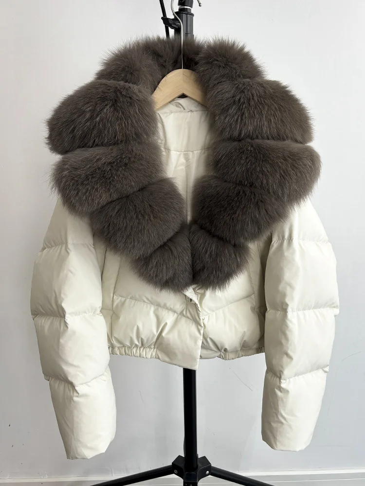 Lagabogy 2025 Big Real Fox Fur Collar New Winter Women Puffer Jacket 90% White Duck Down Coat Female Single Breasted Warm Parkas