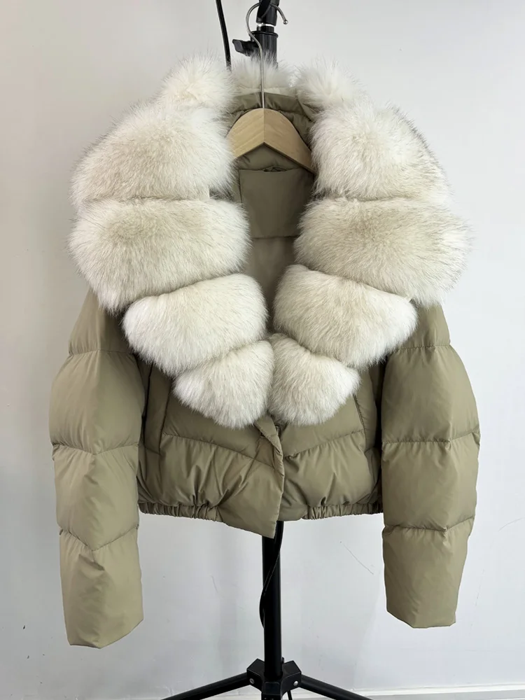 Lagabogy 2025 Big Real Fox Fur Collar New Winter Women Puffer Jacket 90% White Duck Down Coat Female Single Breasted Warm Parkas