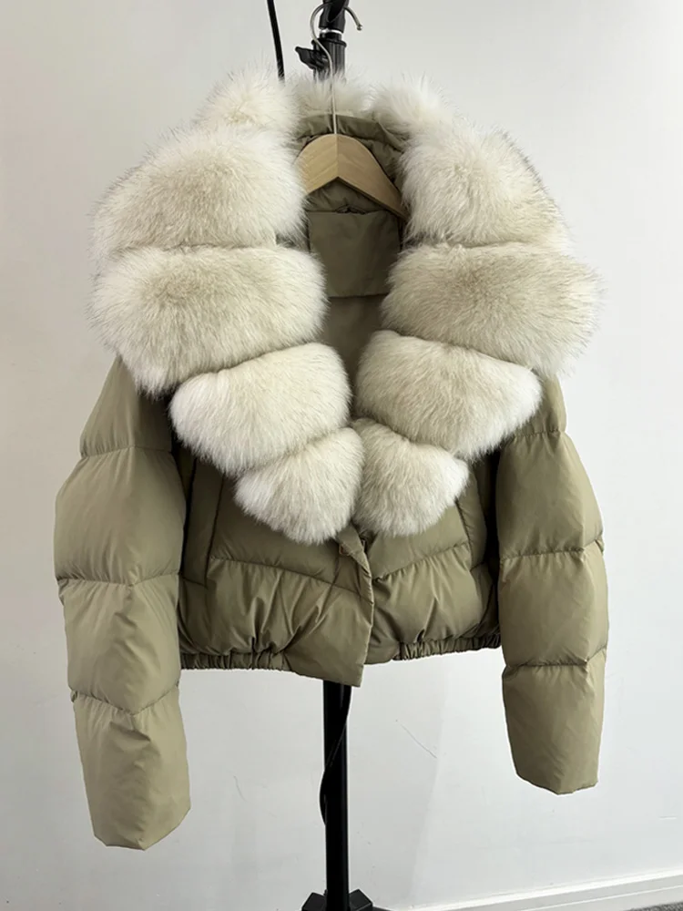 Lagabogy 2025 Big Real Fox Fur Collar New Winter Women Puffer Jacket 90% White Duck Down Coat Female Single Breasted Warm Parkas