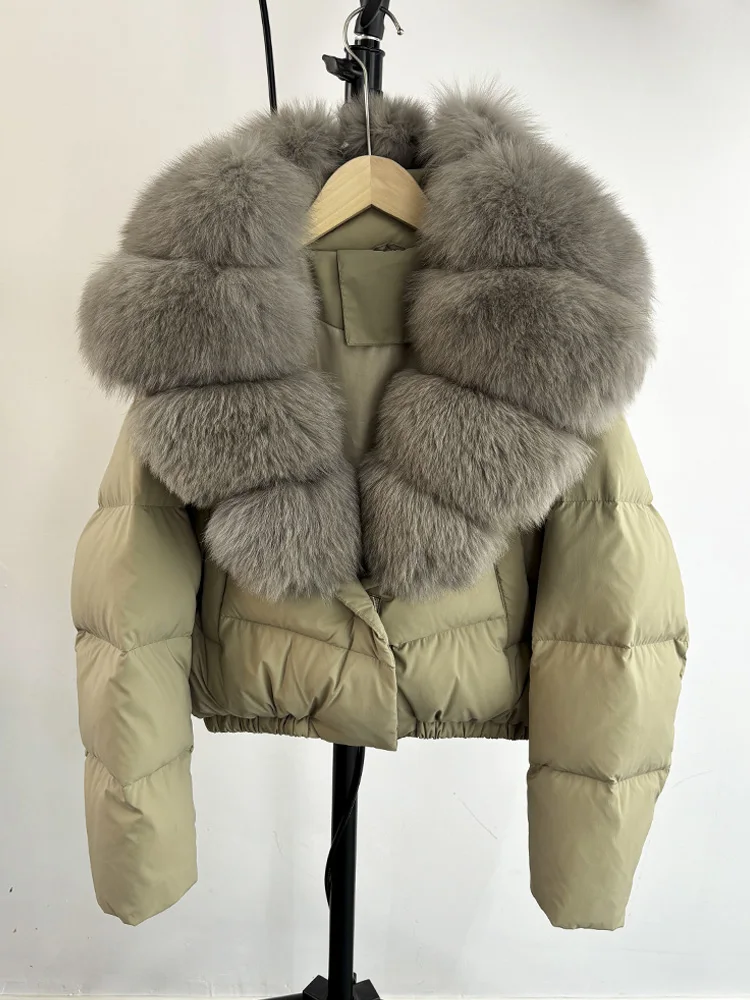 Lagabogy 2025 Big Real Fox Fur Collar New Winter Women Puffer Jacket 90% White Duck Down Coat Female Single Breasted Warm Parkas