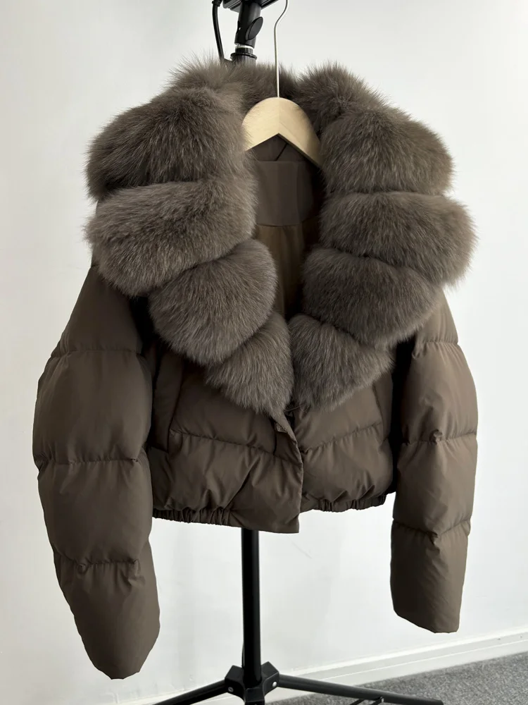 Lagabogy 2025 Big Real Fox Fur Collar New Winter Women Puffer Jacket 90% White Duck Down Coat Female Single Breasted Warm Parkas