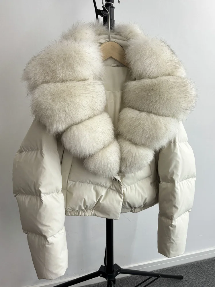 Lagabogy 2025 Big Real Fox Fur Collar New Winter Women Puffer Jacket 90% White Duck Down Coat Female Single Breasted Warm Parkas