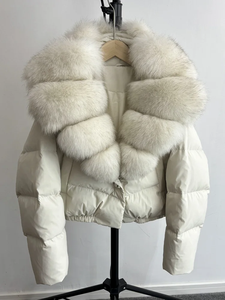Lagabogy 2025 Big Real Fox Fur Collar New Winter Women Puffer Jacket 90% White Duck Down Coat Female Single Breasted Warm Parkas