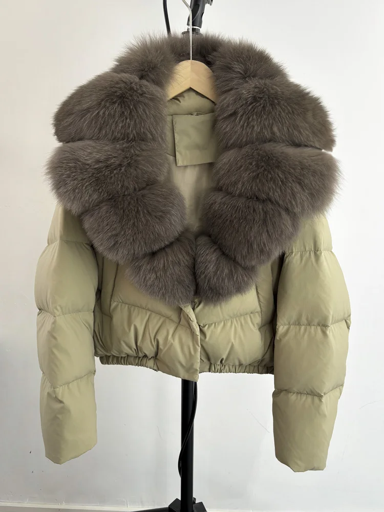 Lagabogy 2025 Big Real Fox Fur Collar New Winter Women Puffer Jacket 90% White Duck Down Coat Female Single Breasted Warm Parkas