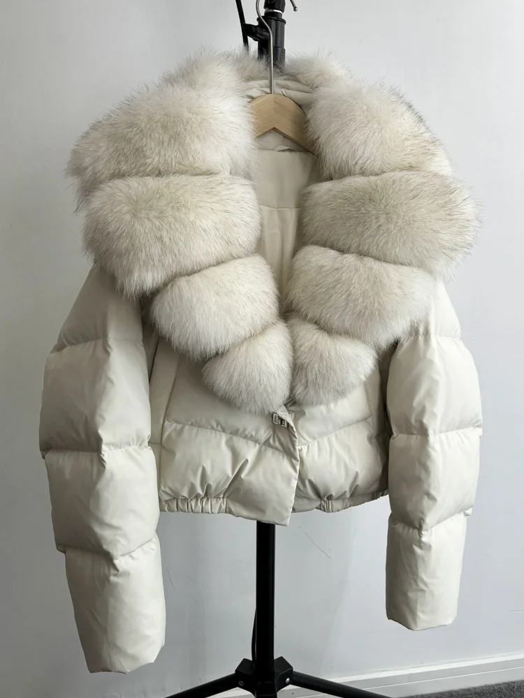 Lagabogy 2025 Big Real Fox Fur Collar New Winter Women Puffer Jacket 90% White Duck Down Coat Female Single Breasted Warm Parkas