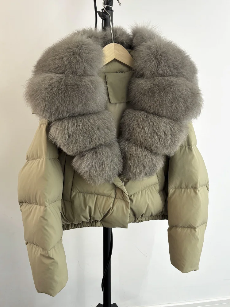 Lagabogy 2025 Big Real Fox Fur Collar New Winter Women Puffer Jacket 90% White Duck Down Coat Female Single Breasted Warm Parkas