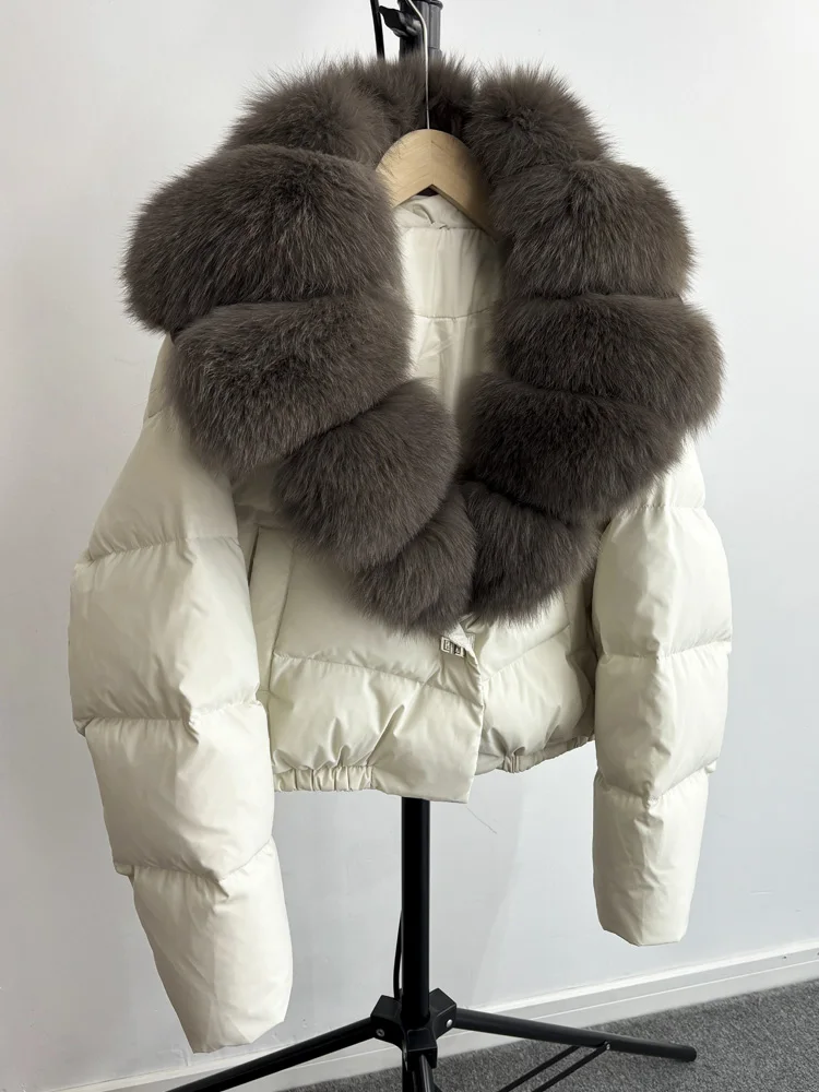 Lagabogy 2025 Big Real Fox Fur Collar New Winter Women Puffer Jacket 90% White Duck Down Coat Female Single Breasted Warm Parkas