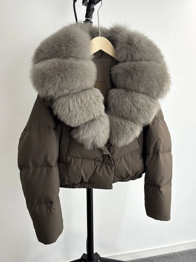 Lagabogy 2025 Big Real Fox Fur Collar New Winter Women Puffer Jacket 90% White Duck Down Coat Female Single Breasted Warm Parkas