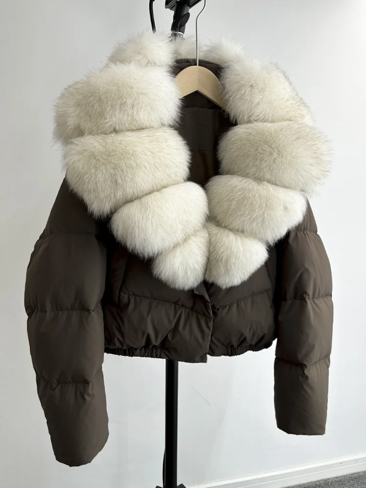 Lagabogy 2025 Big Real Fox Fur Collar New Winter Women Puffer Jacket 90% White Duck Down Coat Female Single Breasted Warm Parkas