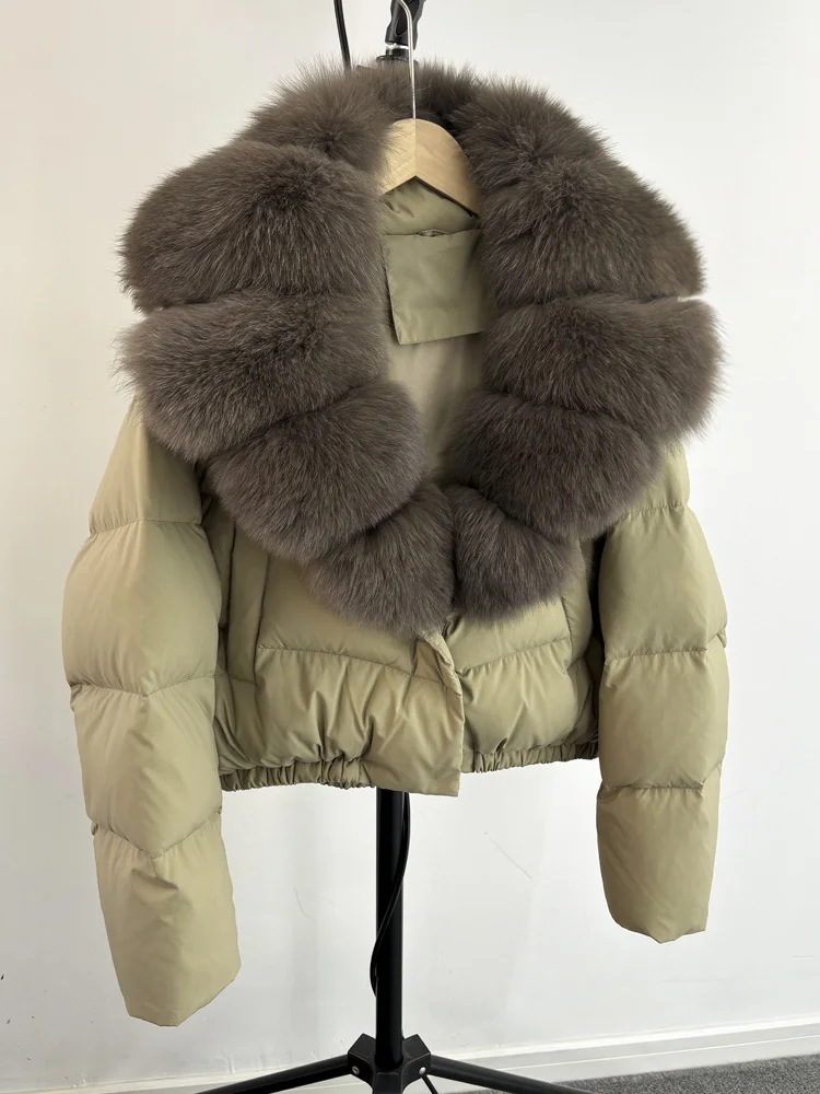 Lagabogy 2025 Big Real Fox Fur Collar New Winter Women Puffer Jacket 90% White Duck Down Coat Female Single Breasted Warm Parkas
