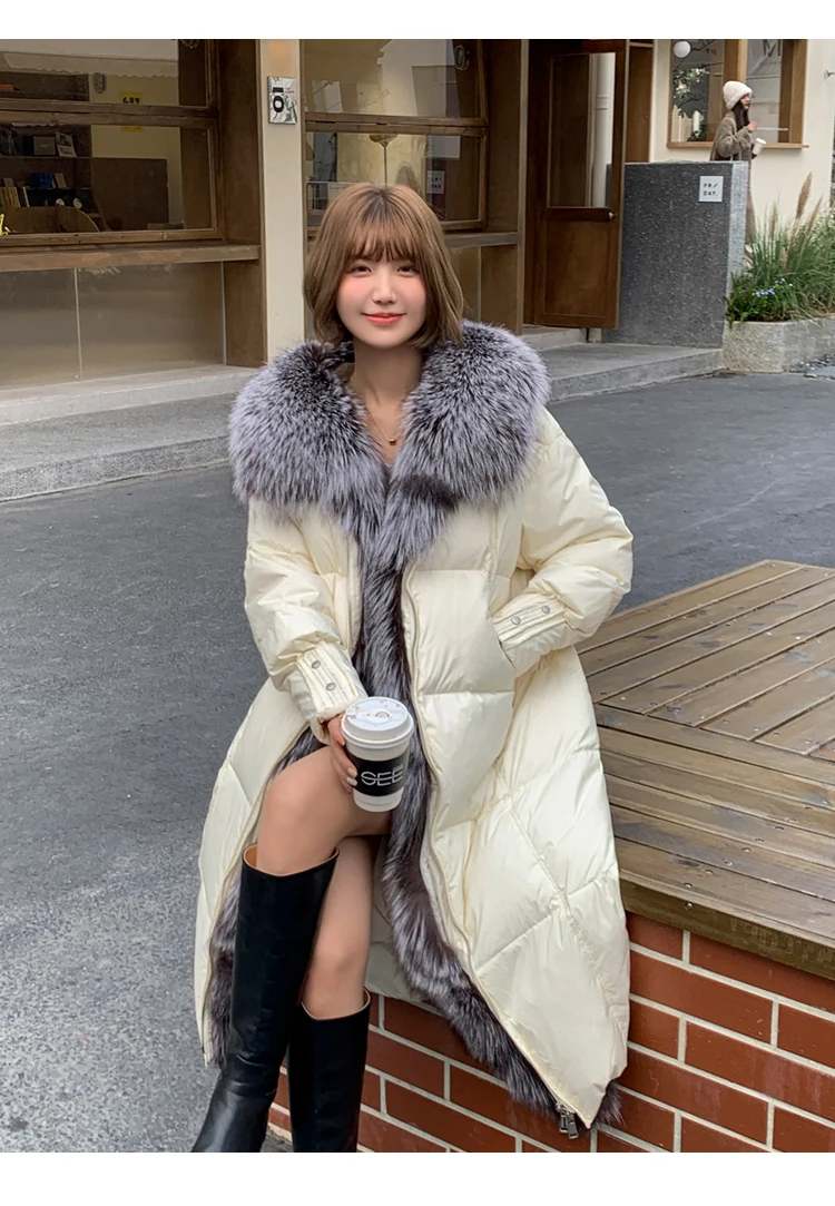 2025 New Winter Women Warm Coat 90% Goose Down Jacket Long Real Fox Fur Collar Thick Luxury Outerwear Female Coat Streetwear