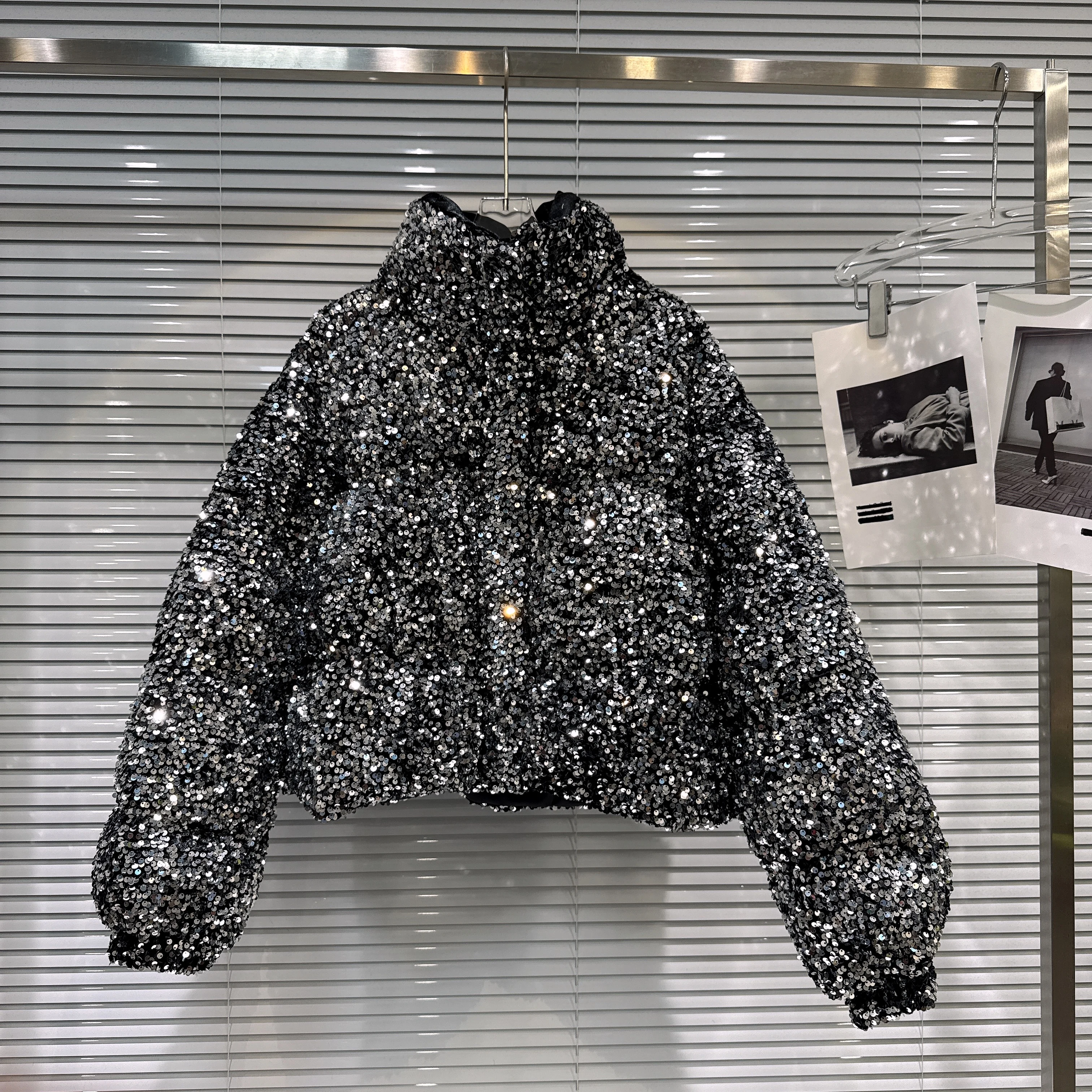 French Fashion Elegant Heavy Industry Colorful Sequin Stand Collar Thickened Warm Down Coats Women Winter Puffer Short Jackets