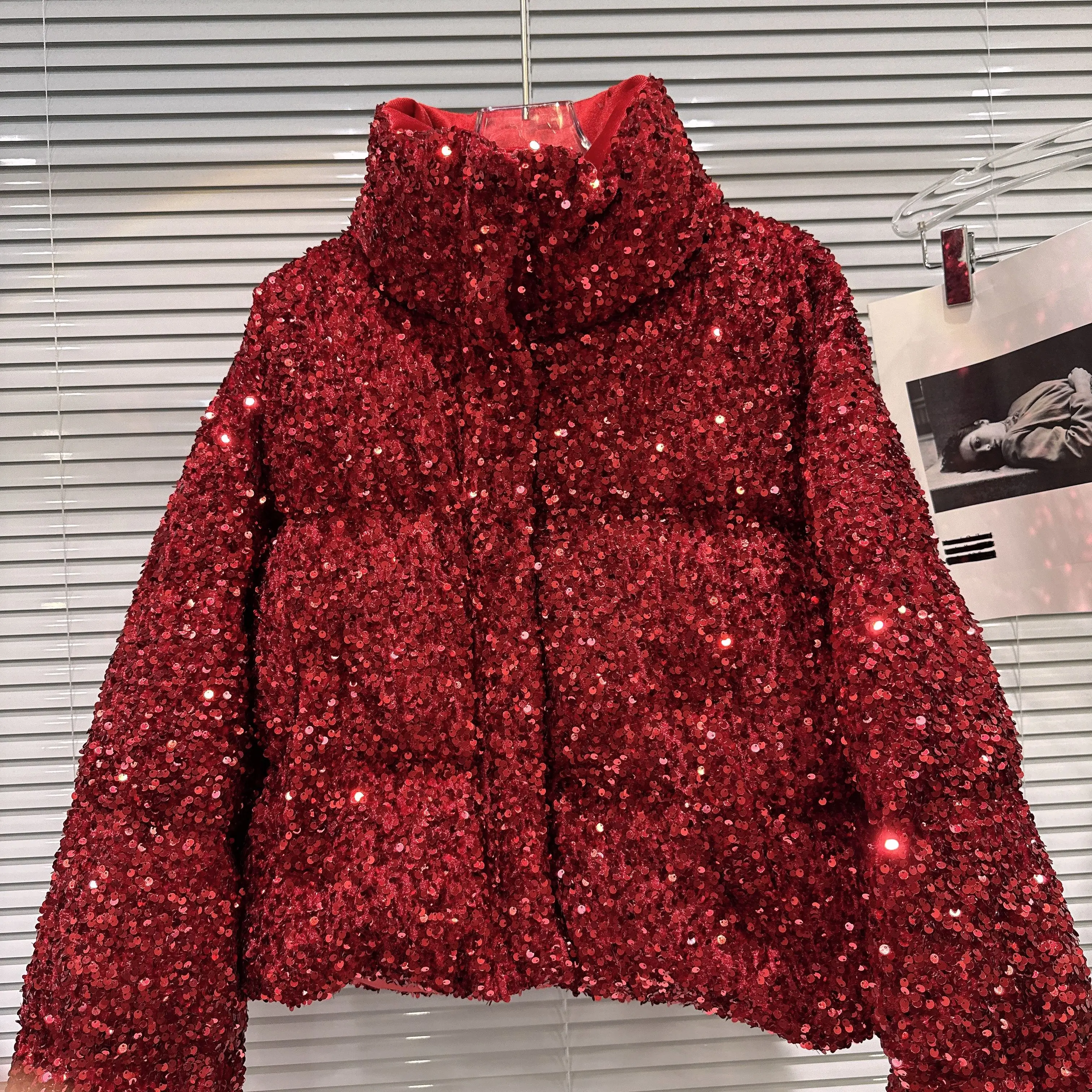 French Fashion Elegant Heavy Industry Colorful Sequin Stand Collar Thickened Warm Down Coats Women Winter Puffer Short Jackets