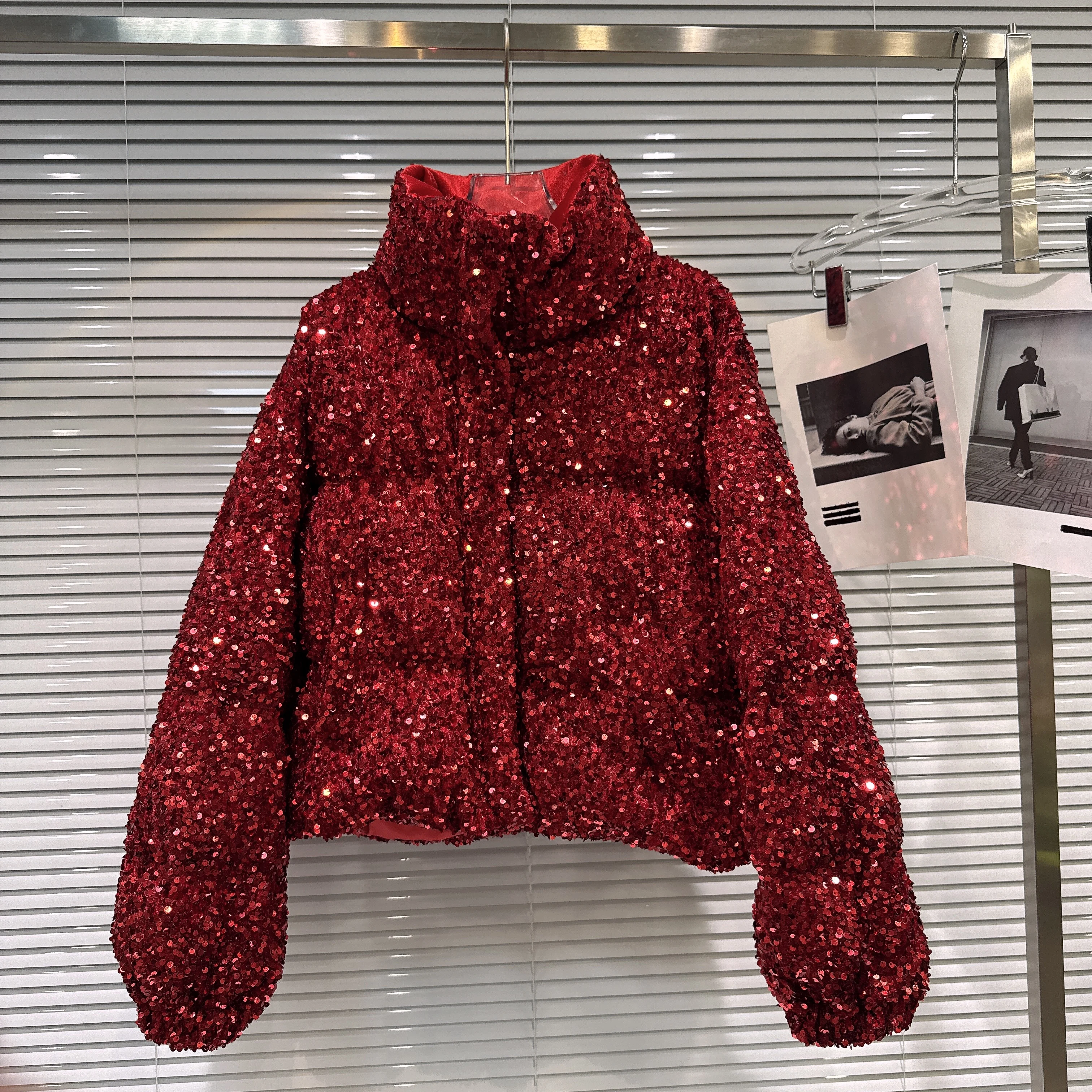 French Fashion Elegant Heavy Industry Colorful Sequin Stand Collar Thickened Warm Down Coats Women Winter Puffer Short Jackets