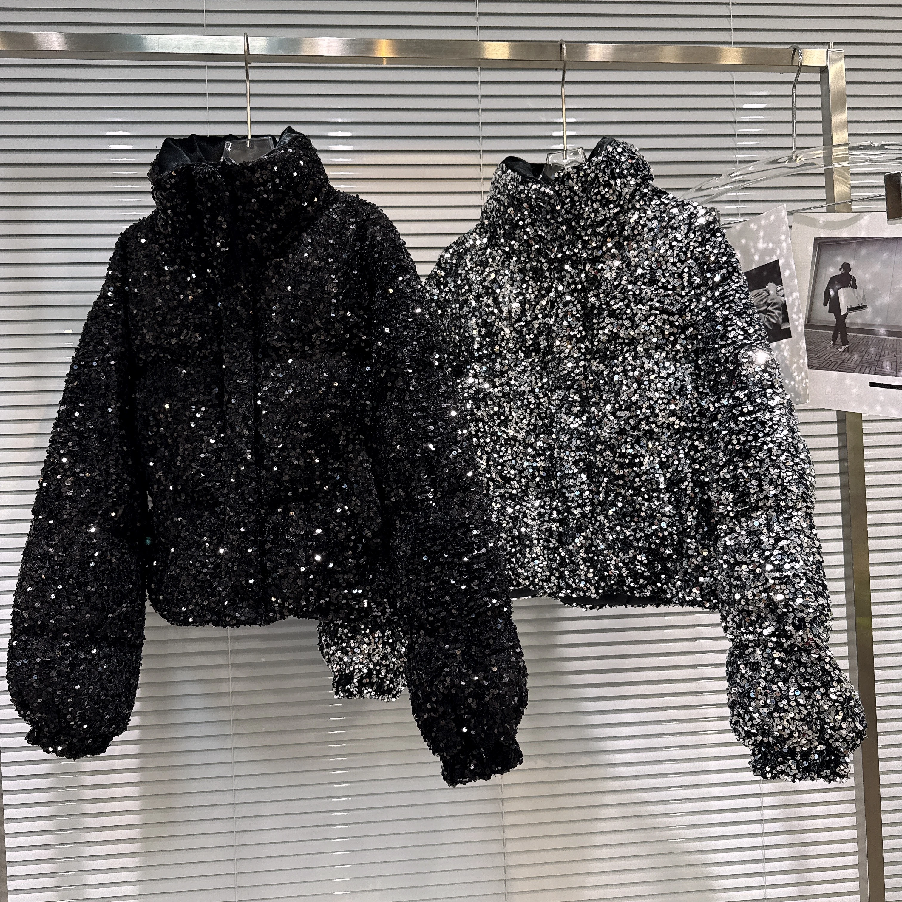 French Fashion Elegant Heavy Industry Colorful Sequin Stand Collar Thickened Warm Down Coats Women Winter Puffer Short Jackets