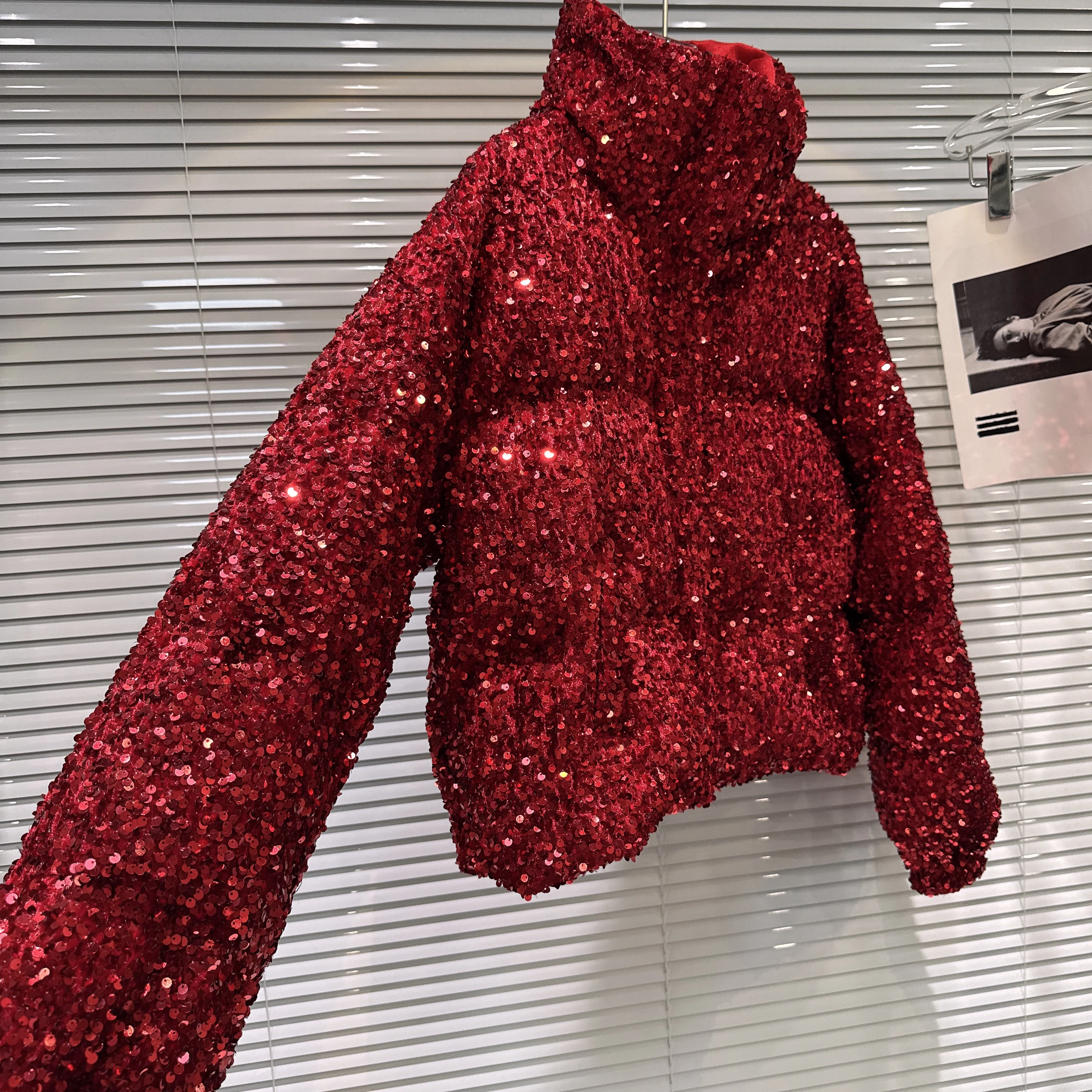 French Fashion Elegant Heavy Industry Colorful Sequin Stand Collar Thickened Warm Down Coats Women Winter Puffer Short Jackets
