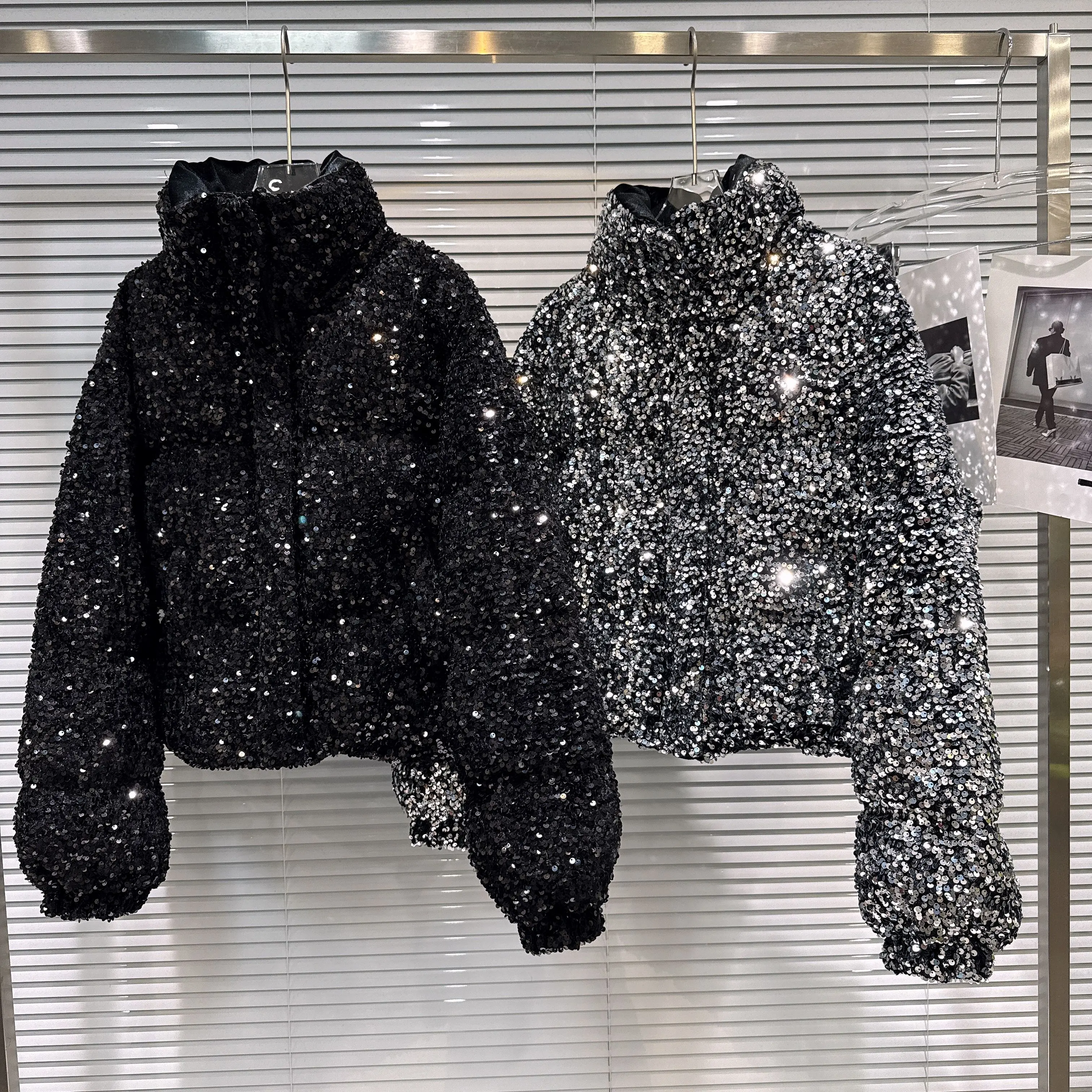 French Fashion Elegant Heavy Industry Colorful Sequin Stand Collar Thickened Warm Down Coats Women Winter Puffer Short Jackets
