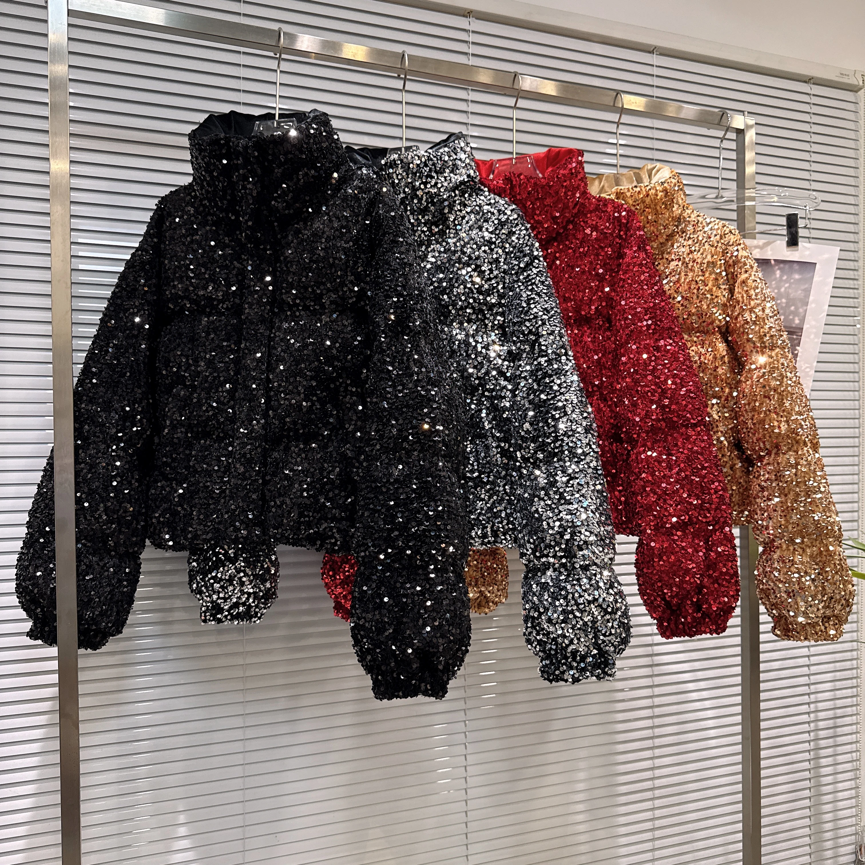 French Fashion Elegant Heavy Industry Colorful Sequin Stand Collar Thickened Warm Down Coats Women Winter Puffer Short Jackets
