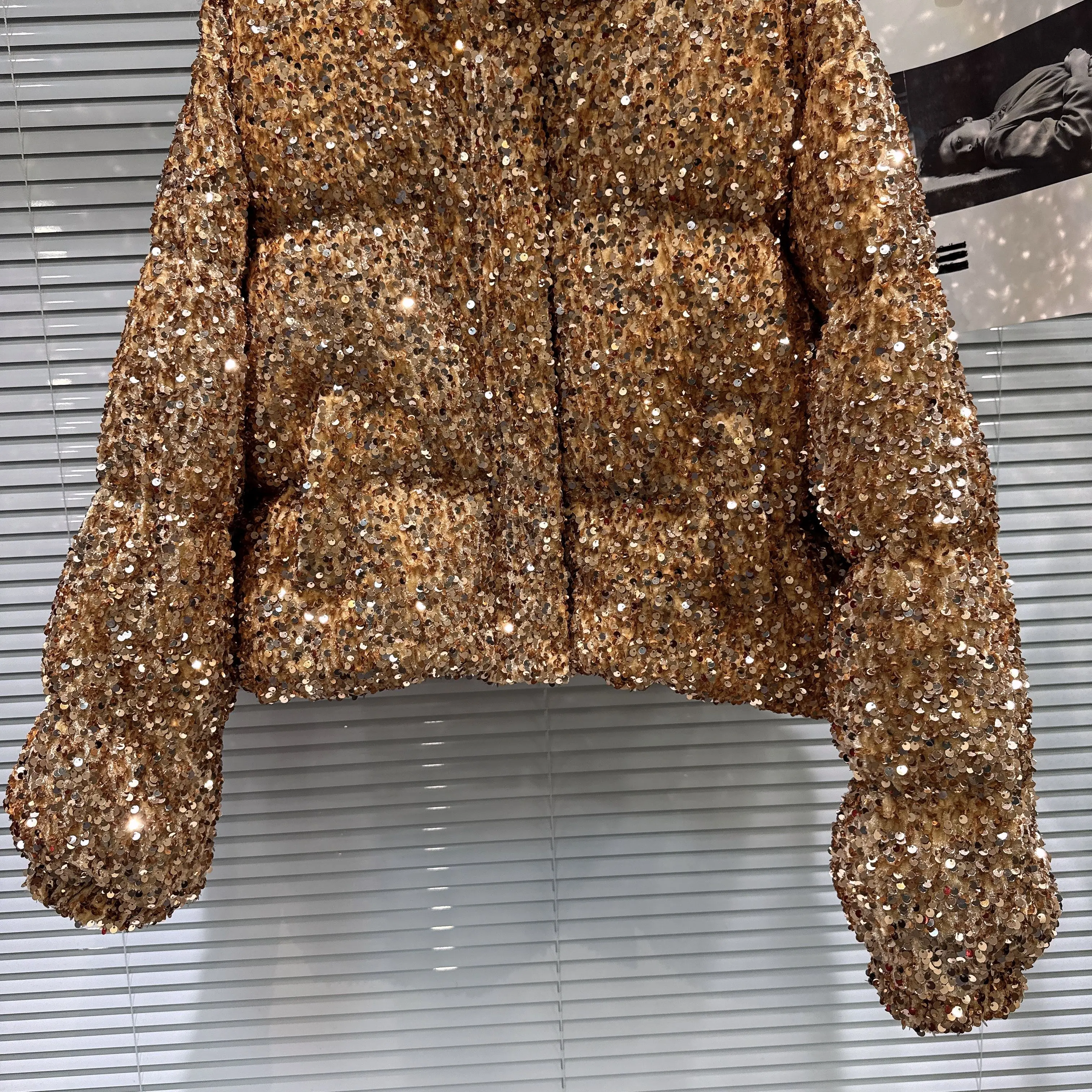 French Fashion Elegant Heavy Industry Colorful Sequin Stand Collar Thickened Warm Down Coats Women Winter Puffer Short Jackets