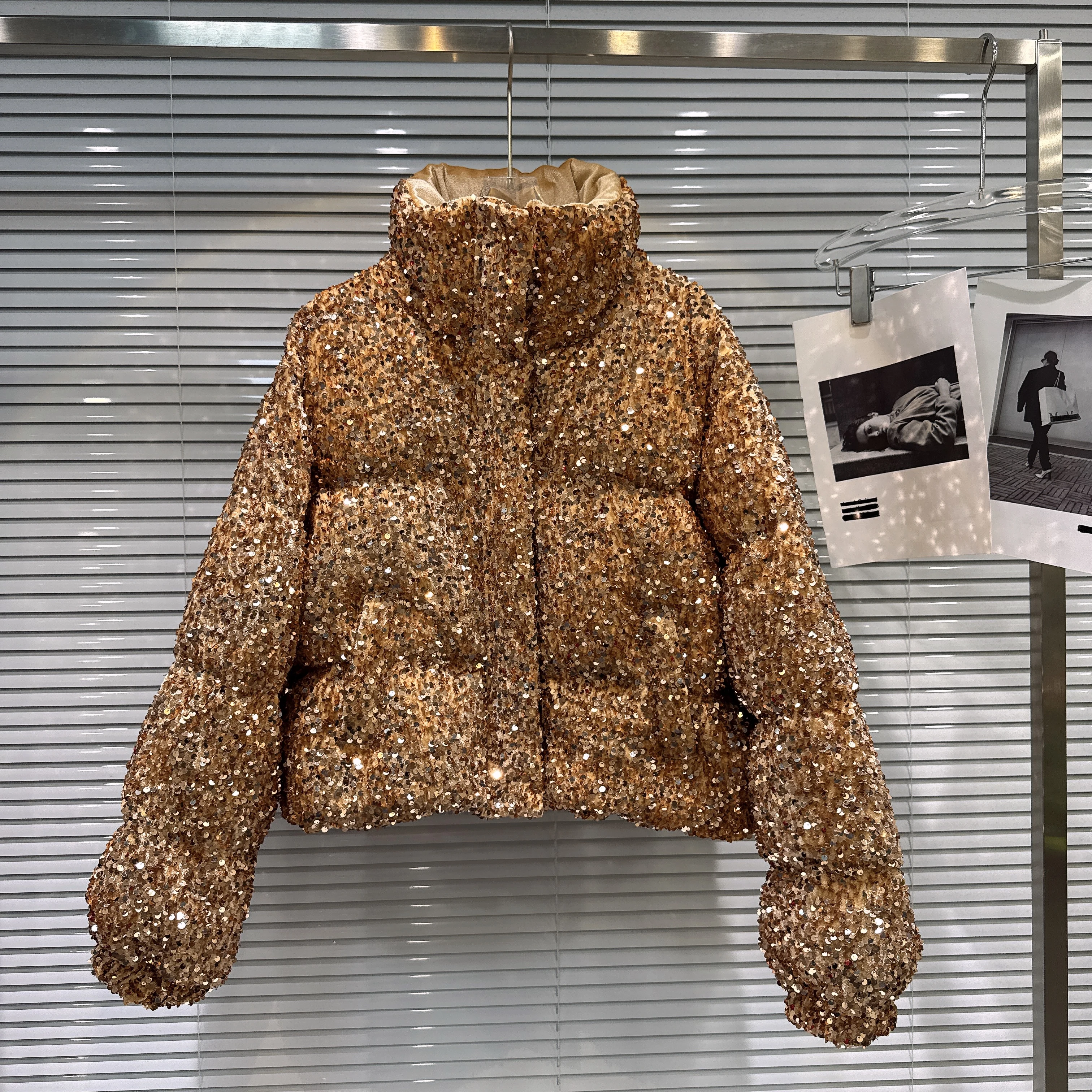 French Fashion Elegant Heavy Industry Colorful Sequin Stand Collar Thickened Warm Down Coats Women Winter Puffer Short Jackets