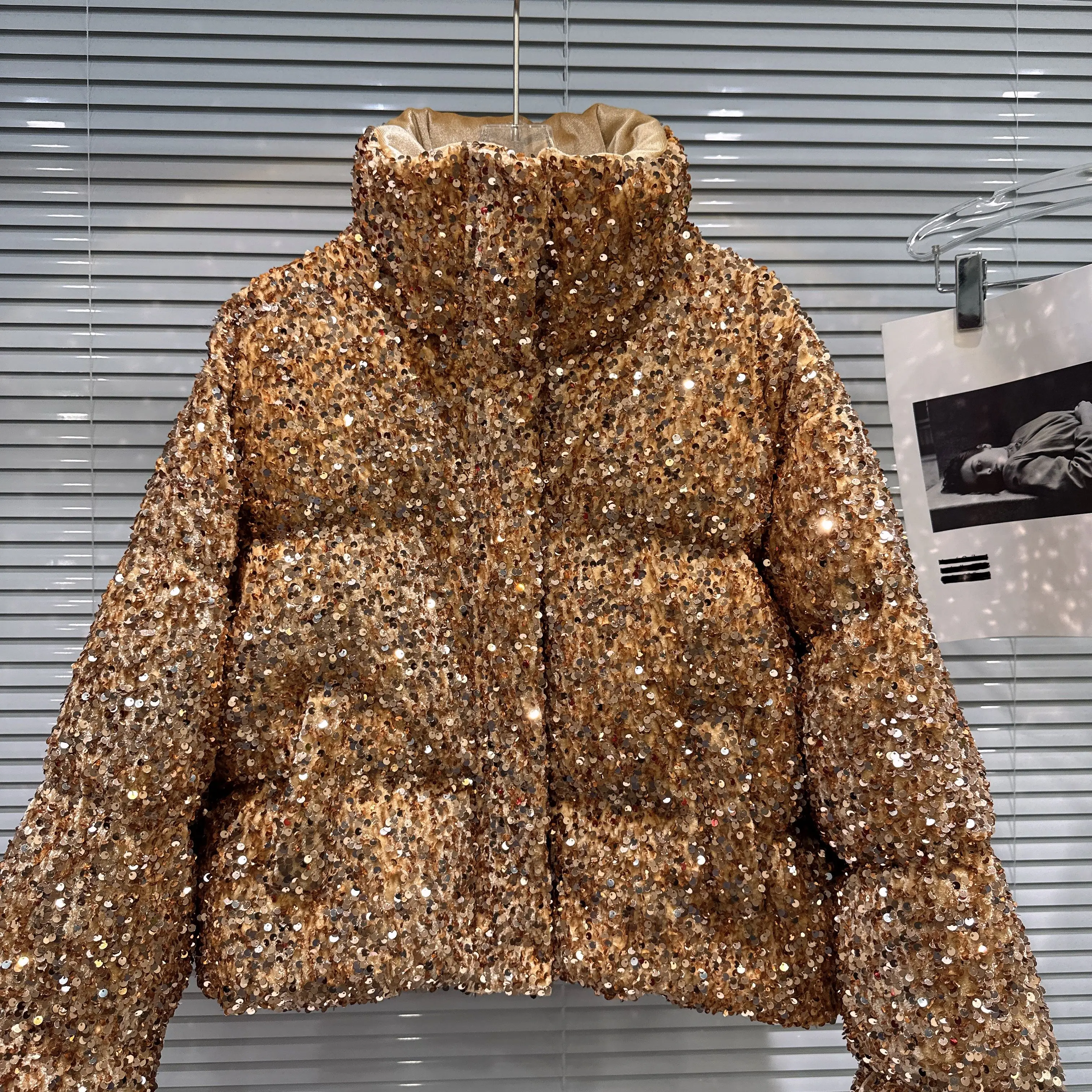 French Fashion Elegant Heavy Industry Colorful Sequin Stand Collar Thickened Warm Down Coats Women Winter Puffer Short Jackets