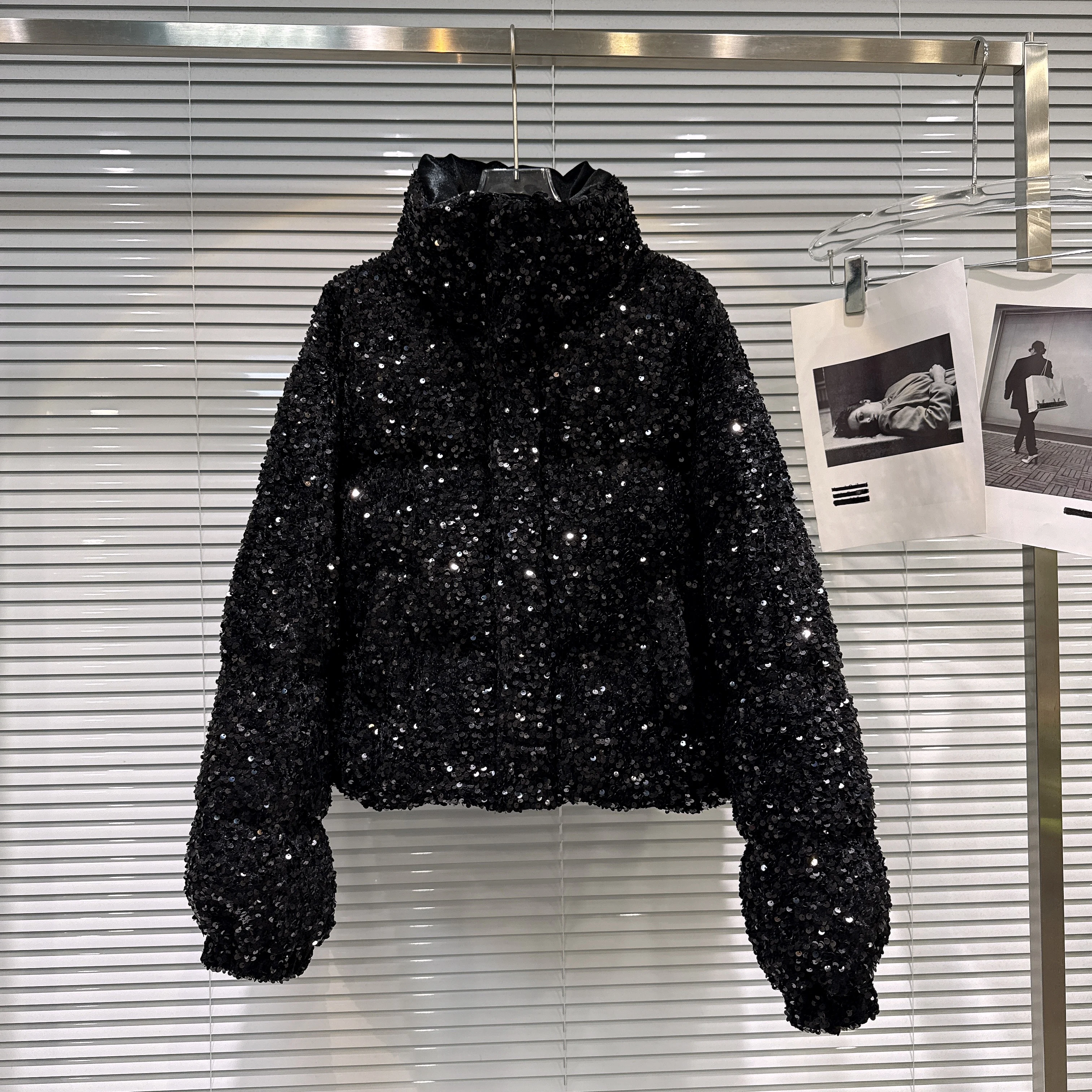 French Fashion Elegant Heavy Industry Colorful Sequin Stand Collar Thickened Warm Down Coats Women Winter Puffer Short Jackets