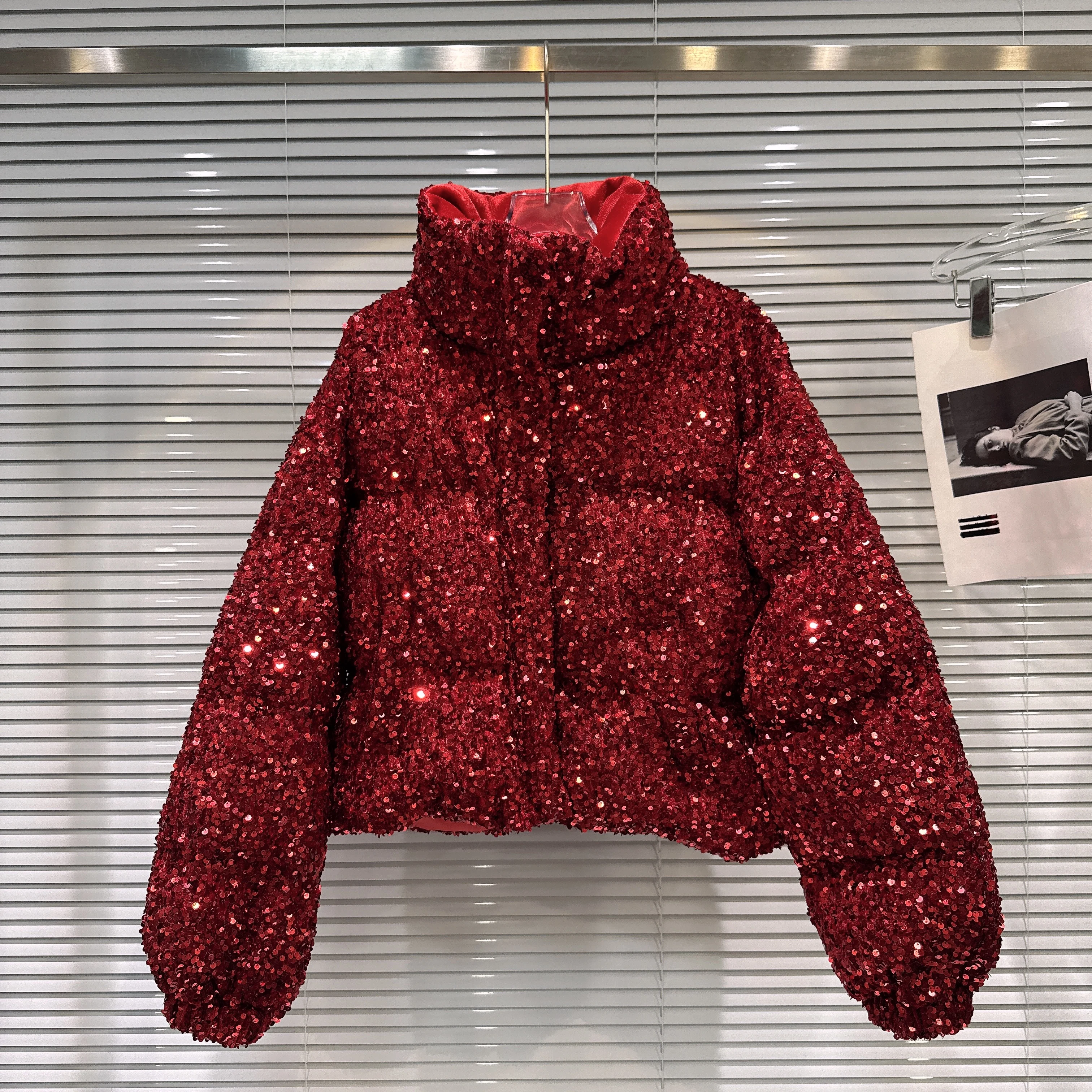 French Fashion Elegant Heavy Industry Colorful Sequin Stand Collar Thickened Warm Down Coats Women Winter Puffer Short Jackets