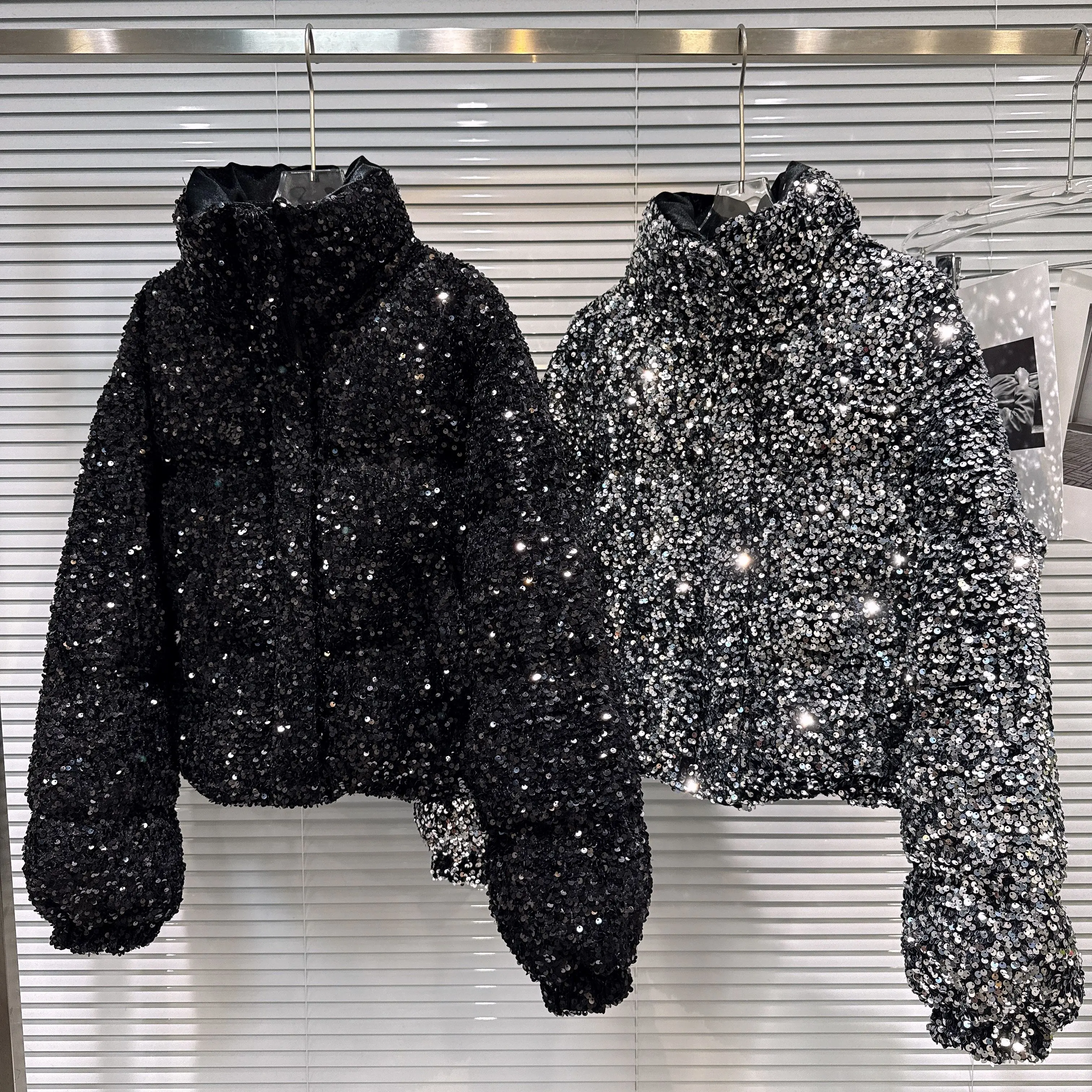 French Fashion Elegant Heavy Industry Colorful Sequin Stand Collar Thickened Warm Down Coats Women Winter Puffer Short Jackets