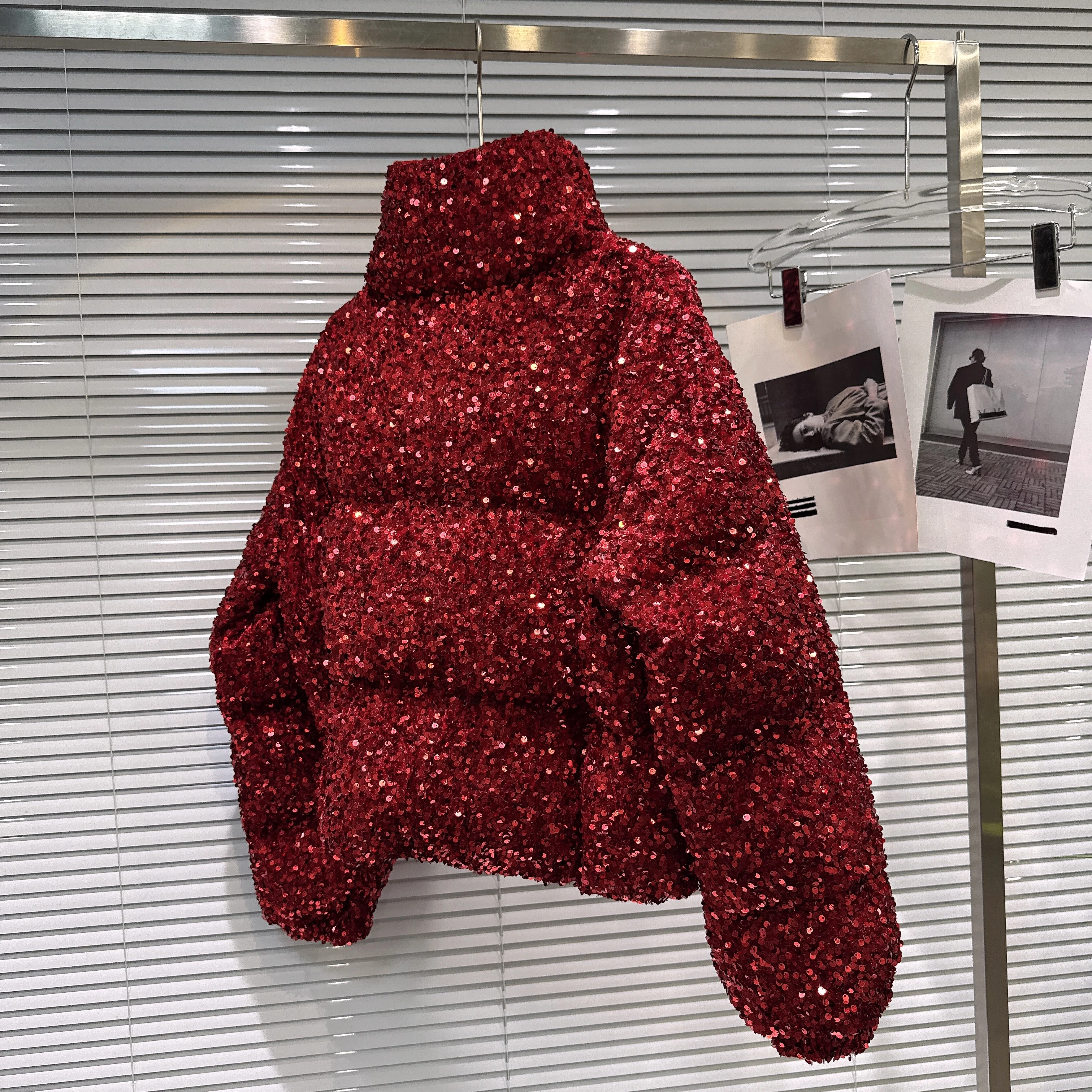 French Fashion Elegant Heavy Industry Colorful Sequin Stand Collar Thickened Warm Down Coats Women Winter Puffer Short Jackets
