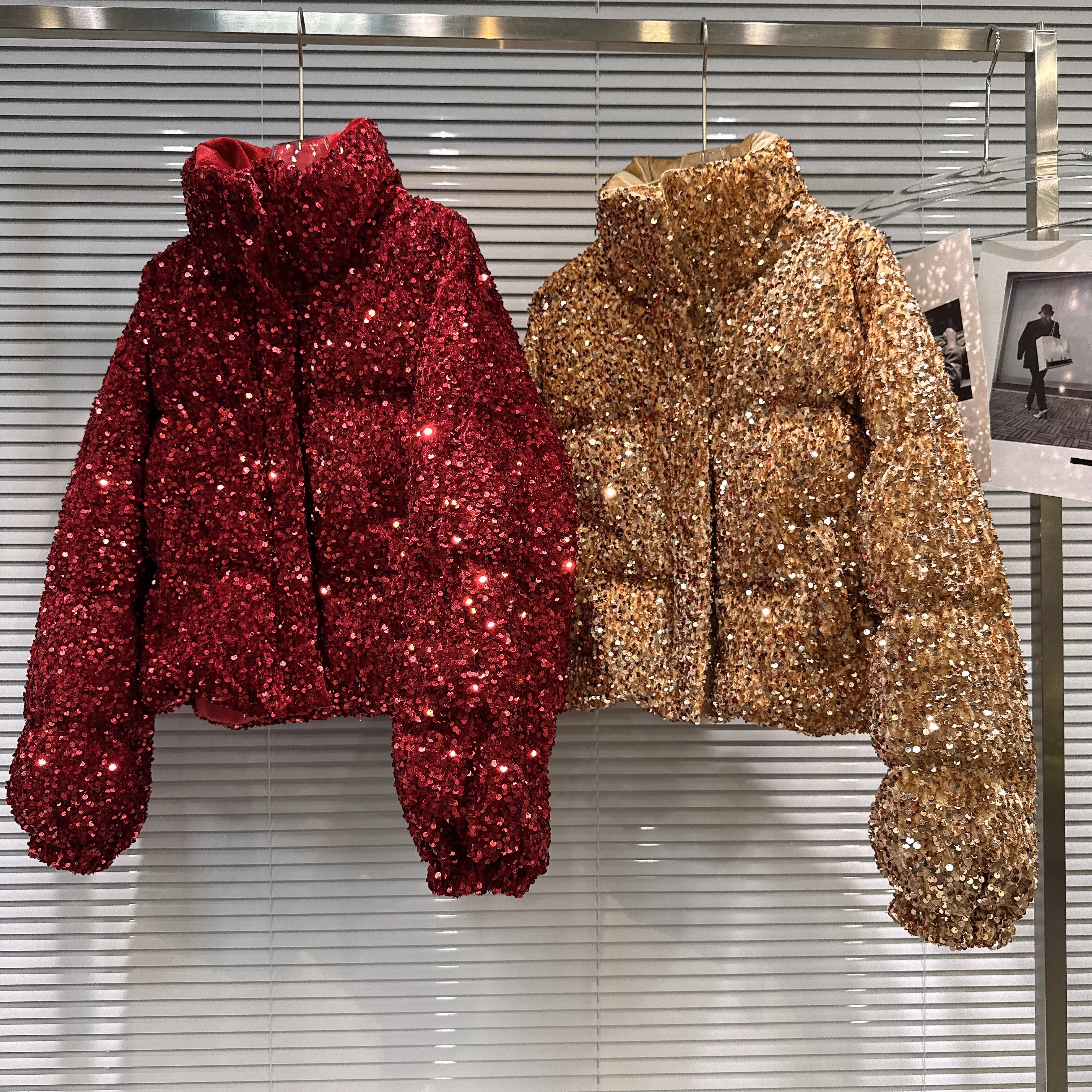 French Fashion Elegant Heavy Industry Colorful Sequin Stand Collar Thickened Warm Down Coats Women Winter Puffer Short Jackets