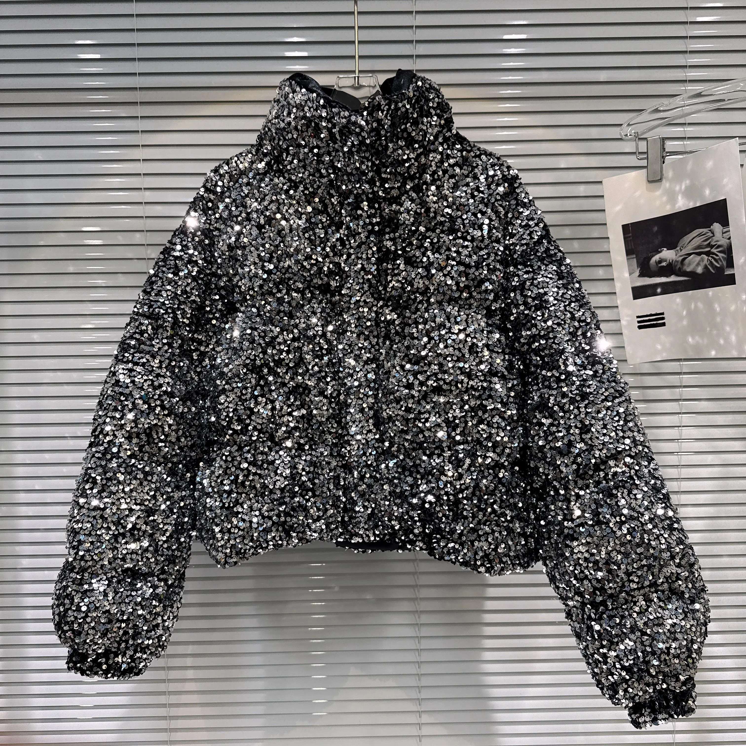 French Fashion Elegant Heavy Industry Colorful Sequin Stand Collar Thickened Warm Down Coats Women Winter Puffer Short Jackets