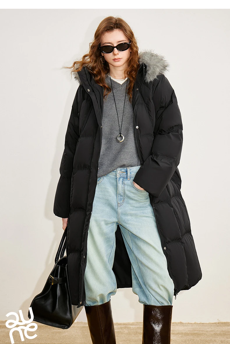 TOYOUTH Women 90% White Duck Down Thick Down Jacket 2025 Winter New Fur Collar Hooded Extra Long Warm Jacket Coat