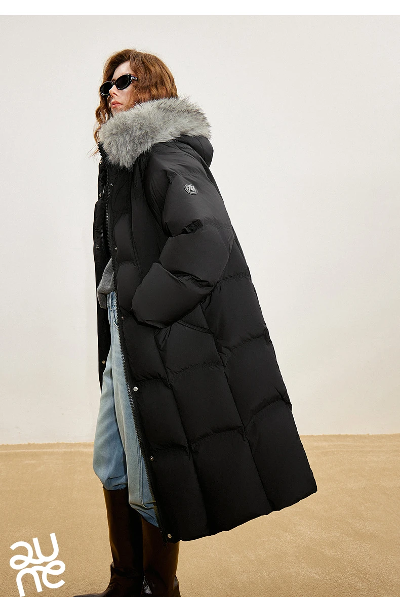 TOYOUTH Women 90% White Duck Down Thick Down Jacket 2025 Winter New Fur Collar Hooded Extra Long Warm Jacket Coat