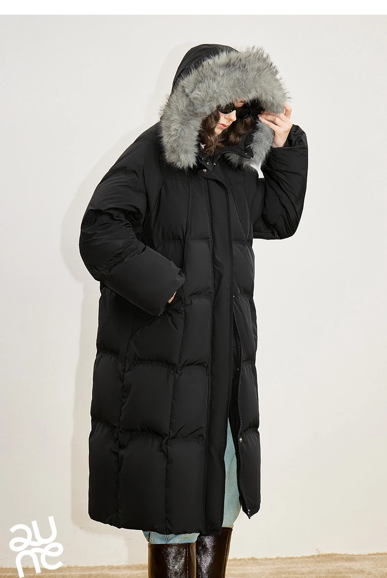 TOYOUTH Women 90% White Duck Down Thick Down Jacket 2025 Winter New Fur Collar Hooded Extra Long Warm Jacket Coat