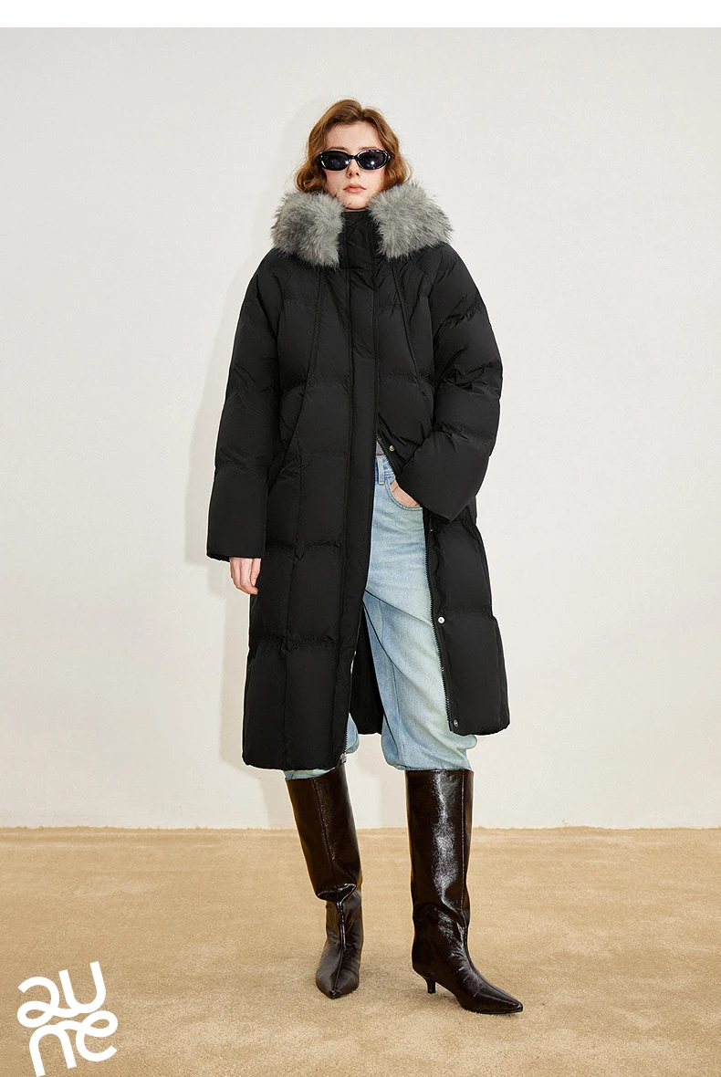 TOYOUTH Women 90% White Duck Down Thick Down Jacket 2025 Winter New Fur Collar Hooded Extra Long Warm Jacket Coat
