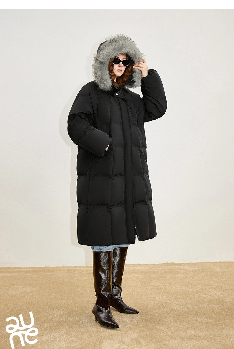 TOYOUTH Women 90% White Duck Down Thick Down Jacket 2025 Winter New Fur Collar Hooded Extra Long Warm Jacket Coat
