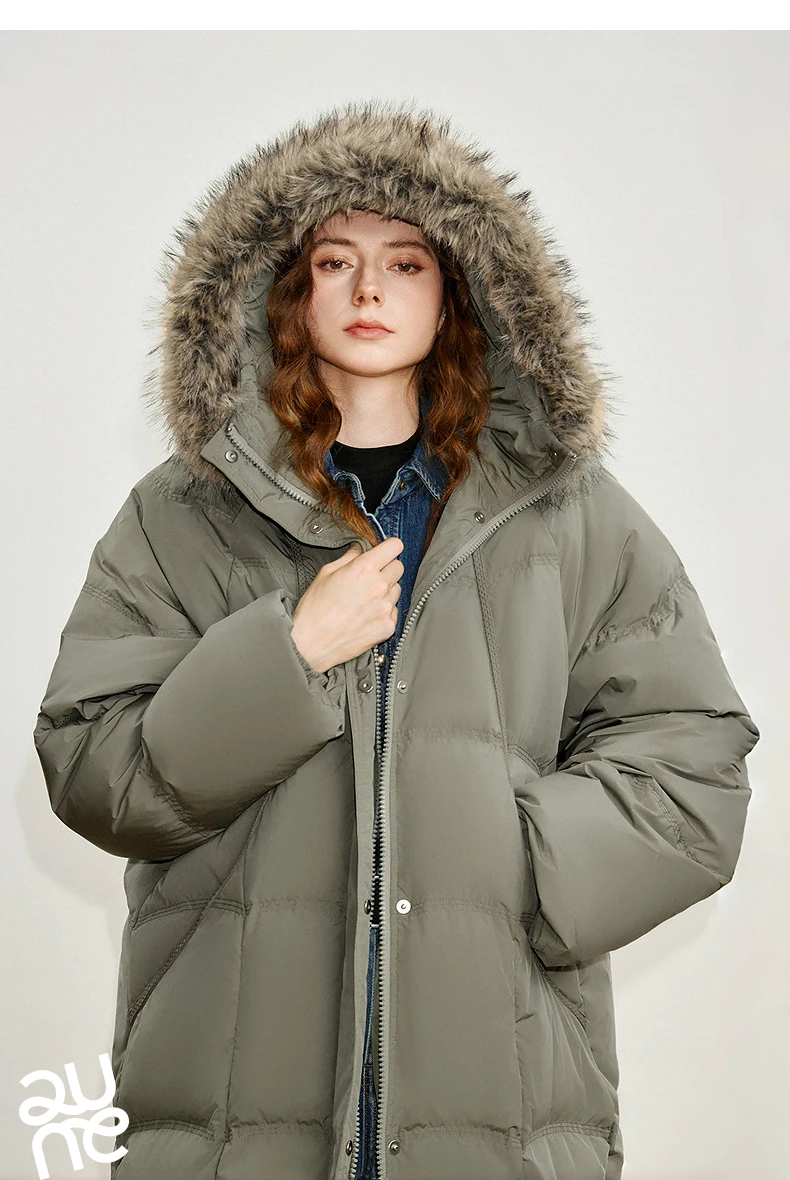 TOYOUTH Women 90% White Duck Down Thick Down Jacket 2025 Winter New Fur Collar Hooded Extra Long Warm Jacket Coat