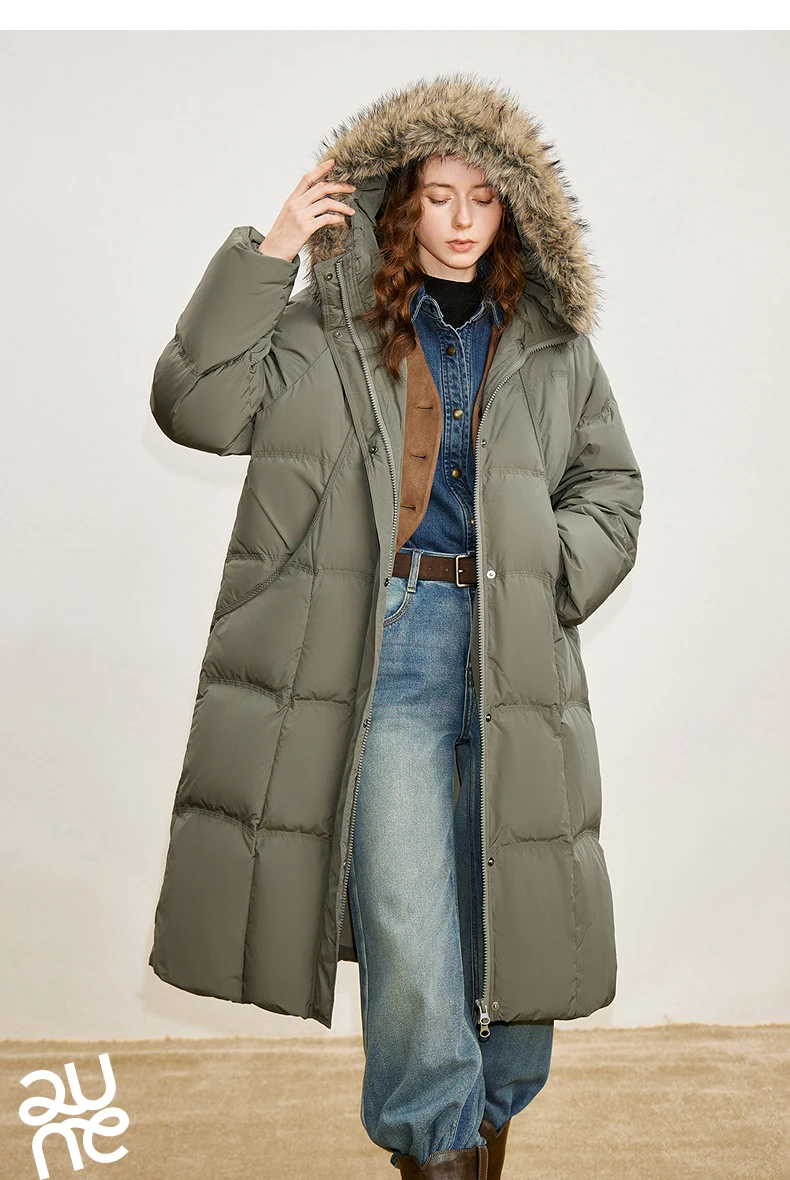 TOYOUTH Women 90% White Duck Down Thick Down Jacket 2025 Winter New Fur Collar Hooded Extra Long Warm Jacket Coat