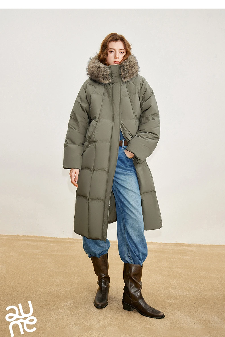 TOYOUTH Women 90% White Duck Down Thick Down Jacket 2025 Winter New Fur Collar Hooded Extra Long Warm Jacket Coat
