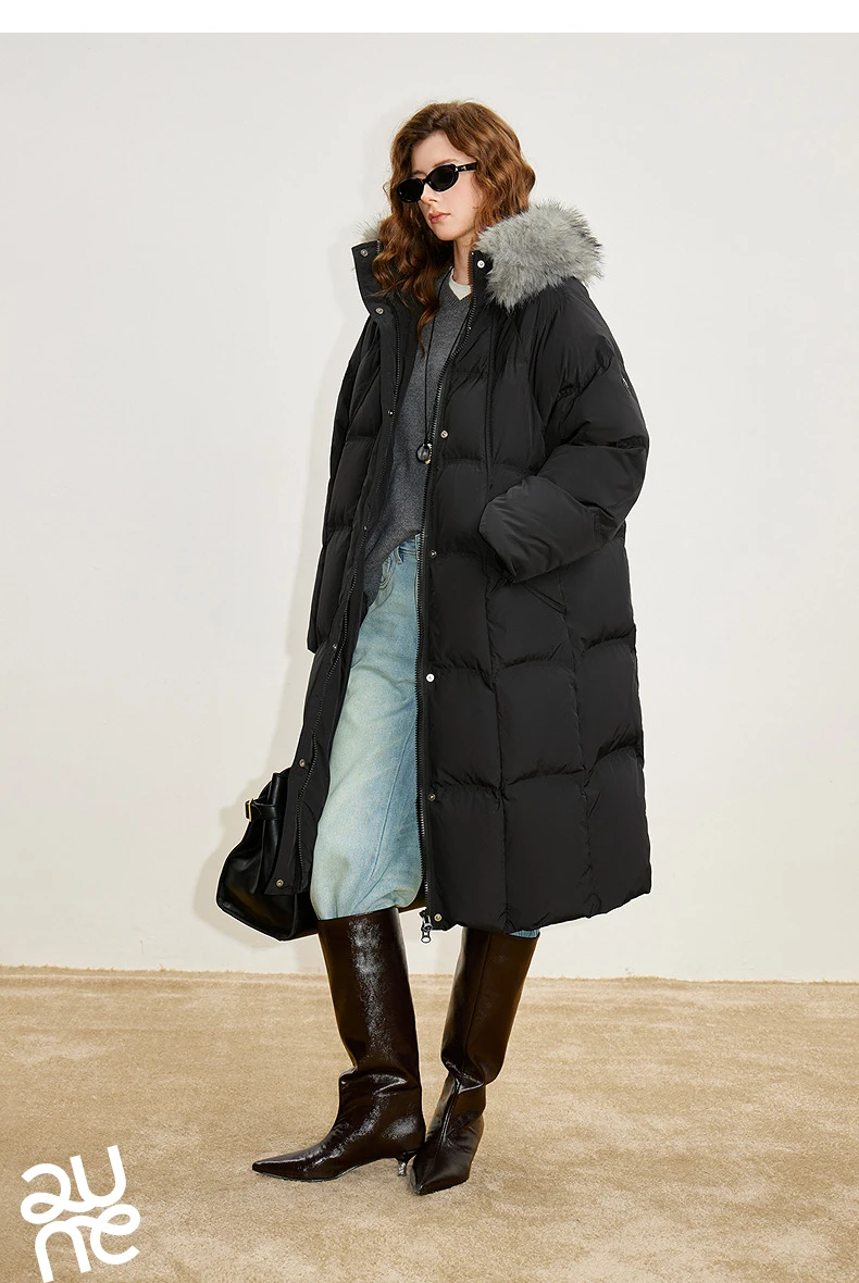 TOYOUTH Women 90% White Duck Down Thick Down Jacket 2025 Winter New Fur Collar Hooded Extra Long Warm Jacket Coat